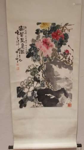 CHINESE SCROLL PAINTING OF A GARDEN