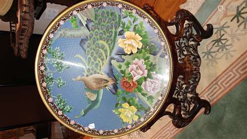 LARGE CLOISONNE PEACOCK PLATE