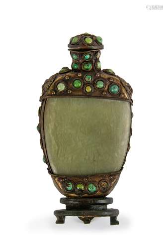 TIBETAN SLIVER, JADE AND TURQUOISE SNUFF BOTTLE