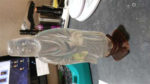 CARVED QUARTZ GUAN YIN FIGURE ON WOOD STAND