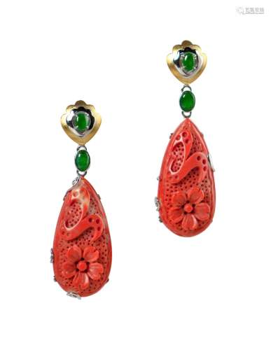NATURAL CORAL, JADE WHITE GOLD EARRINGS