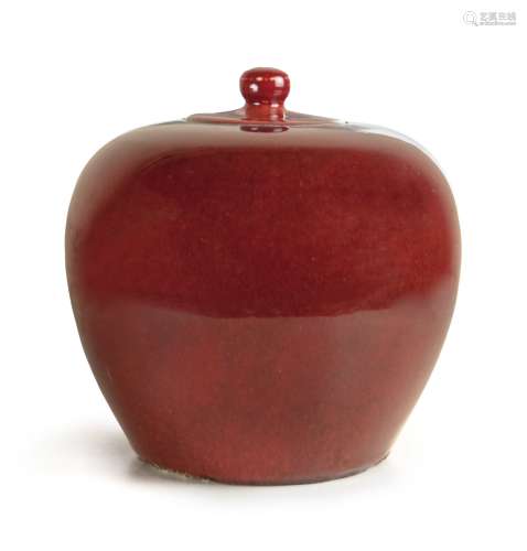 CHINESE RED GLAZED APPLE SHAPED JAR WITH LID