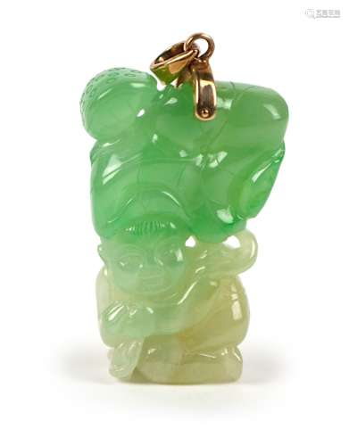 NATURAL JADEITE CARVED CHILD HOLDING LOTUS LEAF