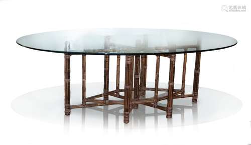 LARGE WOOD BASE GLASS TOP OVAL TABLE