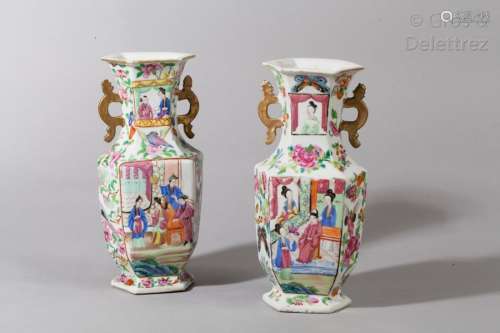 Chine, fin XIXe siècle Paire de vases hexagonaux e...