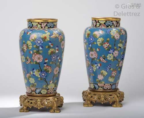 Chine, vers 1900 Paire de vases en émaux cloisonné...