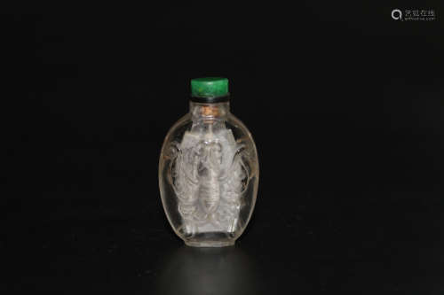 Chinese rock Crytal Snuff Bottle with jadeite stopper.