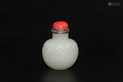 Chinese caved white jade basket shape snuff bottle.