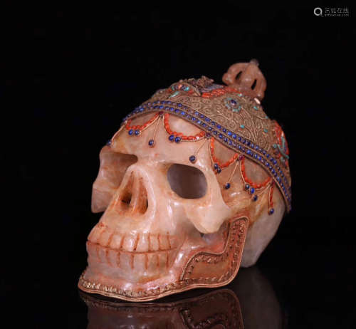 18TH CENTURY, A TIBETAN OLD CRYSTAL SKULL WITH SILVER