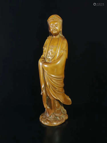 17-19TH CENTURY, A GUANYIN DESIGN BOXWOOD CARVING FIGURE, QING DYNASTY