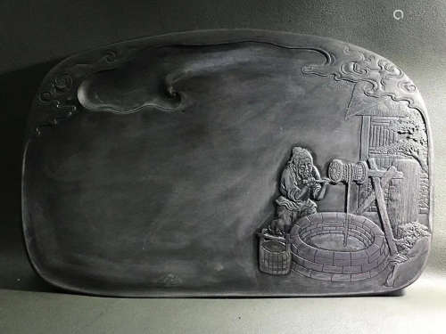 17-19TH CENTURY, A SONG PIT OLD MAN DRAWING WELL WATER PATTERN INKSTONE, QING DYNASTY