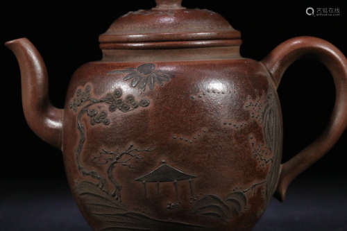 A LANSCAPE PATTERN PURPLE CLAY TEAPOT