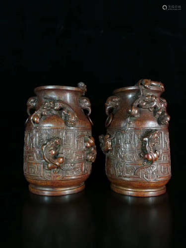 17-19TH CENTURY, A PAIR OF DRAGON DESIGN BAMBOO CARVING VASES, QING DYNASTY