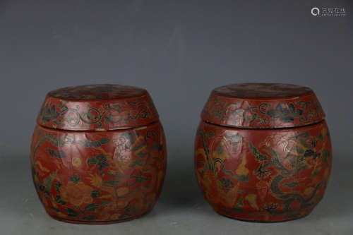 A PAIR OF DRAGON&FLORAL PATTERN WOOD LACQUERWARE POTS