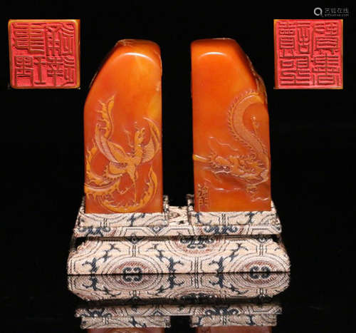 PAIR TIANHUANG STONE CARVED DRAGON&PHOENIX SEALS