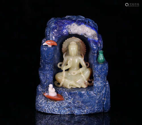 HETIAN YELLOW JADE BUDDHA AND LAZULI CONTAINER