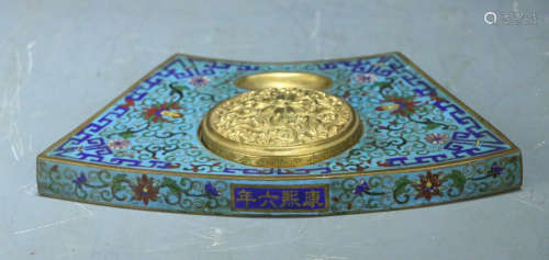 A CLOISONNE FLORAL PATTERN SECTOR SHAPED INK SLAB