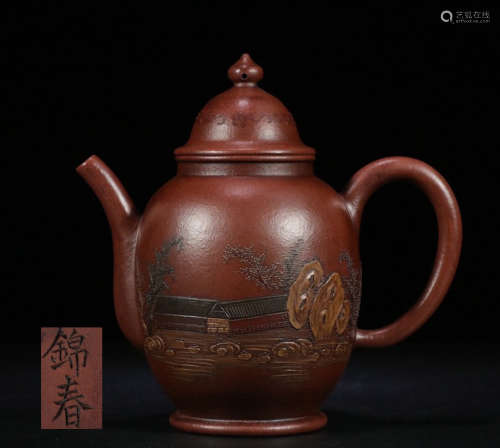 A ZISHA LANDSCAPE PATTERN TEA POT