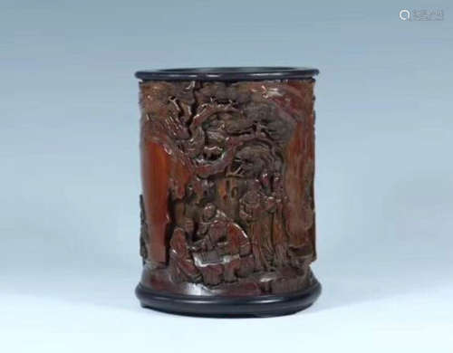A BAMBOO WOOD CARVED BRUSH POT