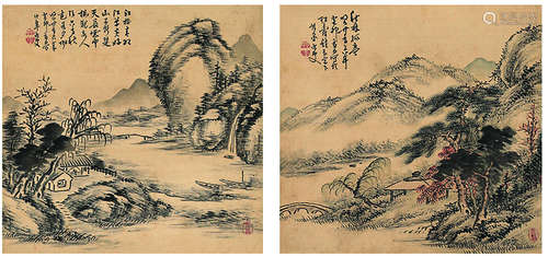 大野竹皋（1871-1944） 山水双挖 双挖立轴 设色绢本 癸卯(1903年)作