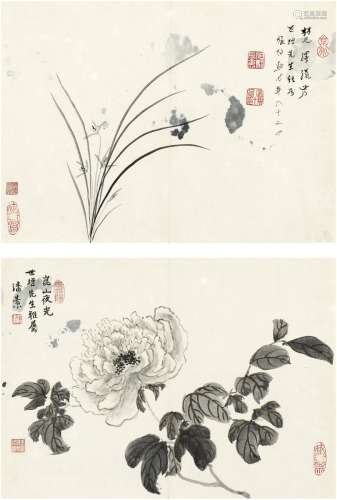 张伯驹（1897～1982）  潘素（1915～1992） 楚泽流芳图·昆山夜光图 （二帧） 镜片 设色纸本