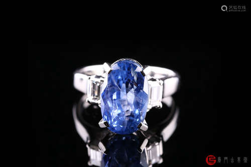 斯里兰卡天然无烧皇家蓝6.72克拉蓝宝石镶铂金镶钻石戒指（铂金pt900，蓝宝石6.72克拉，钻石0.34克拉，附国际证书）