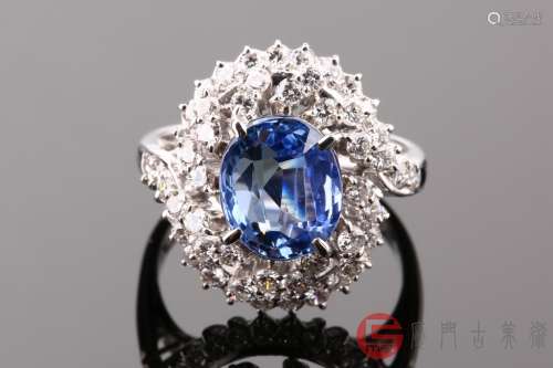 斯里兰卡天然无烧湛蓝玻璃体3.21克拉蓝宝石豪镶1.1克拉钻石铂金钻戒（铂金pt900，蓝宝石3.21克拉，钻石1.1克拉，附国际证书）