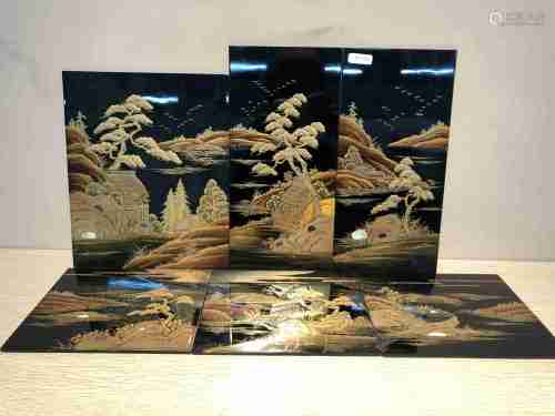 昭和时期.木胎漆器金莳绘山水风景图面板6块一组