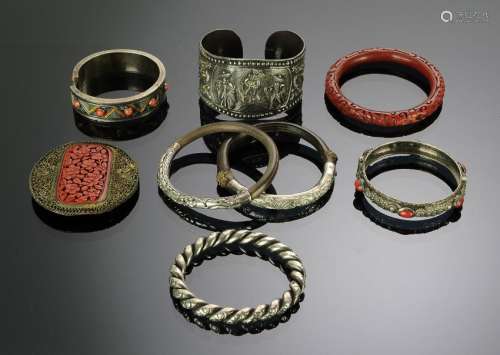 Group of (7) Chinese Bangles & Cinnabar Clip