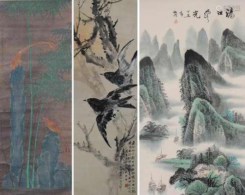 (3) Chinese Paintings of Landscapes & Flowers