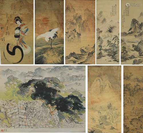 Group of 7 Chinese Paintings & Embroidery