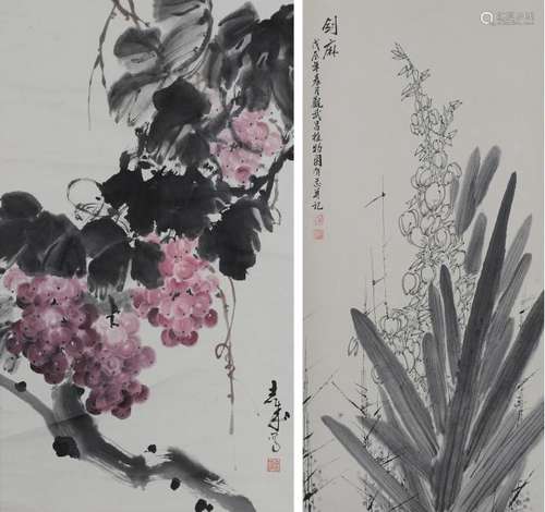 (2) Chinese Paintings of a Yucca & Grapes