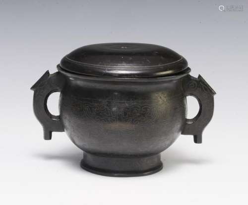 Chinese Bronze Censer w/ Silver Inlay, 19th C.