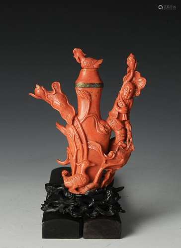 Chinese Coral Carving of a Vase & Boy, 19th C