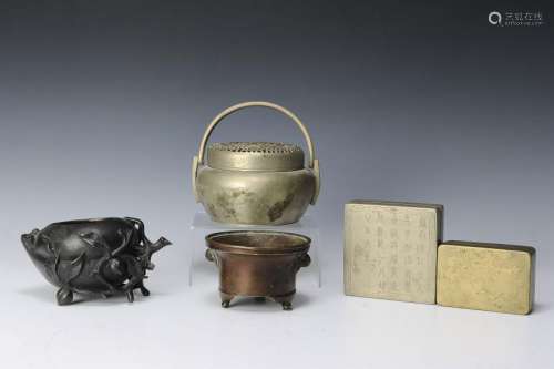 (5) Chinese Bronze Boxes, Censers, & Warmers