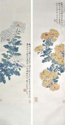 Pair of Flower Paintings on Scrolls, Gao Yehou