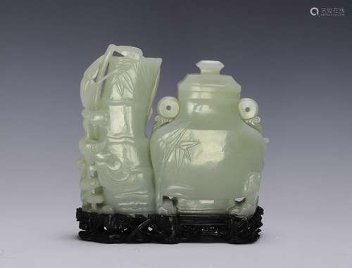 Chinese Jade Brush Holder & Vase w/ Stand, 18th C.