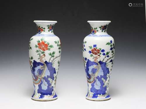 Pair of Wucai Porcelain Vases w/ Phoenix 17th C.