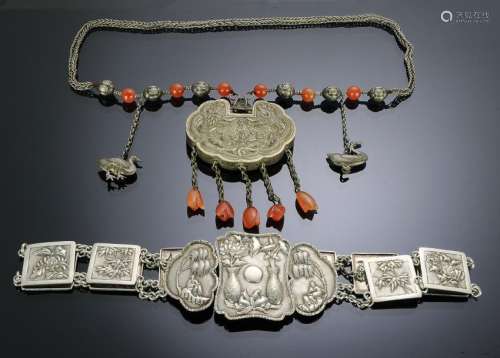 Chinese Silver Belt & Longevity Necklace 19th C.