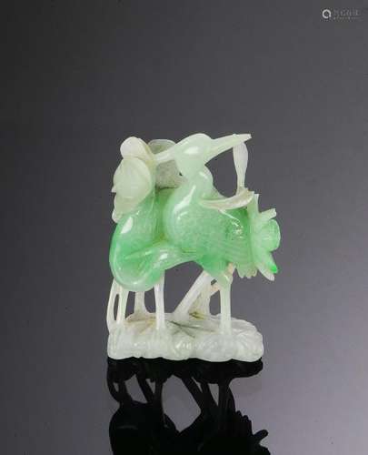 Chinese Jadeite Lotuses & Cranes Carving, 19th C.