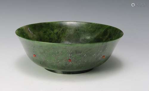 Chinese Green Jade Inlaid Bowl, 18-19th Century