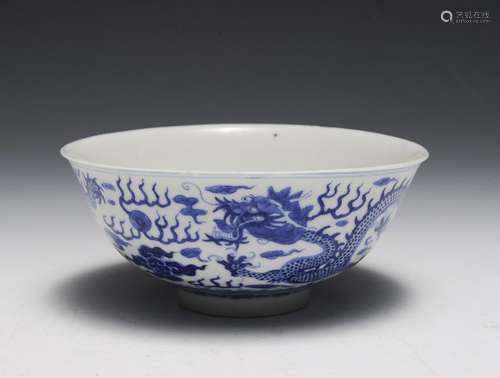 Chinese Imperial Blue & White Dragon Bowl, Guangxu