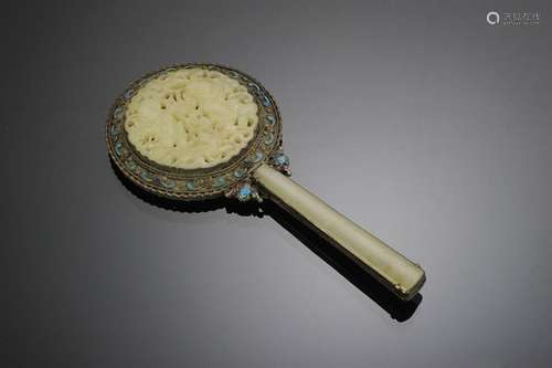 Chinese Hand Mirror w/ Jade Insets, Republic