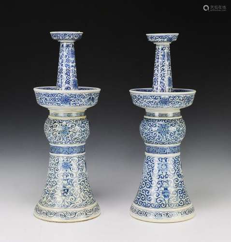 Pair Chinese Blue & White Candle Holders, 19th C.