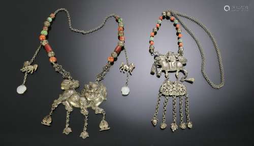 Set of 2 Chinese Silver Necklaces, 19th Century