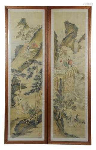 Pair of Landscapes on Silk, 19th Century