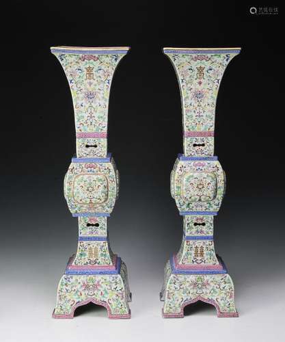 Pair of Chinese Famille Rose Gu Vases, 19th C.