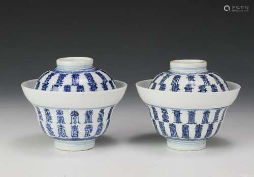 Chinese Pair of Blue & White Lidded Bowls, 18th C.