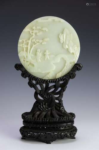 White Jade Round Screen w/ Zitan Stand 18th C.