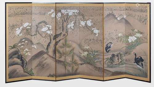 Japanese Painted Screen of a Landscape w/ Wildfire